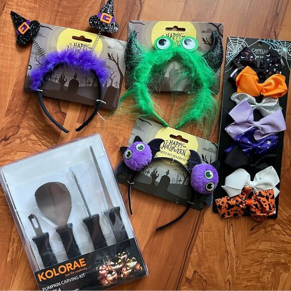 HALLOWEEN BUNDLE 🎃 3 headbands 🎃 8 bows 🎃 pumpkin carving kit 🎃 all NWT - Picture 1 of 9